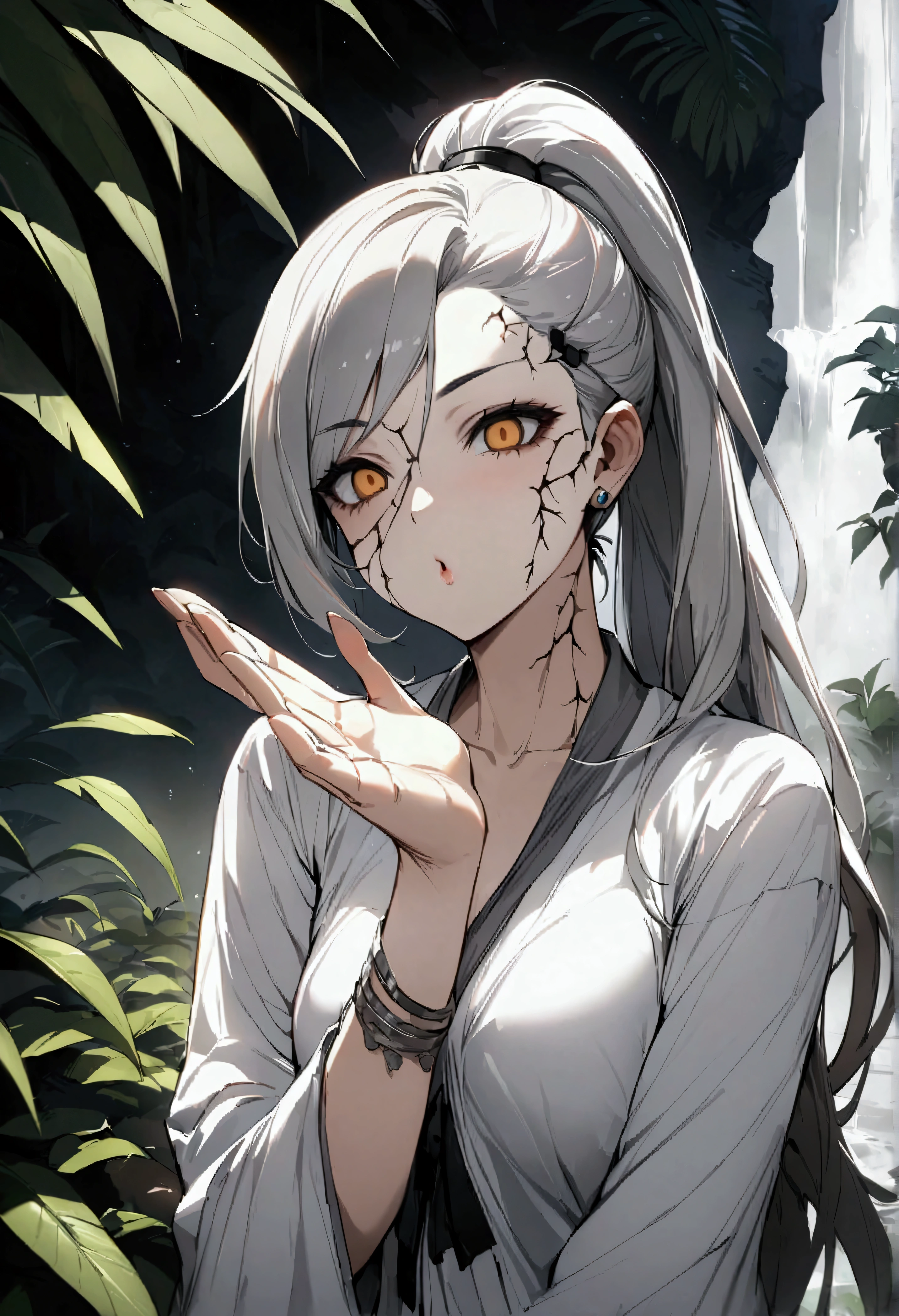 score_9、score_8_up、score_8、Female character concept、Amazing artwork、Highest quality、High resolution、Sleek ponytail hair、The color is Jinwaridite、Blowing a kiss、Frowning、Jungle Waterfall、pokemon lusamine、fog、solo、Radagon、Shine、Money、hammer、Hollow Eyes、Cracked skin、Gray skin、