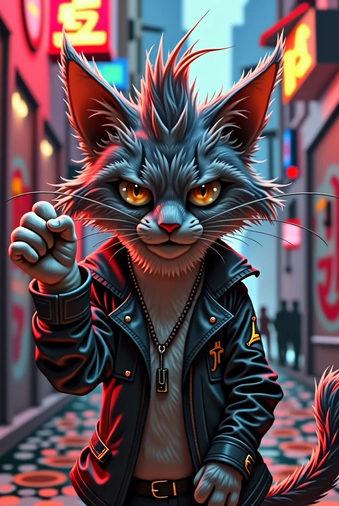 Create a cat with an aggressive attitude, rock n roll and showing the middle finger