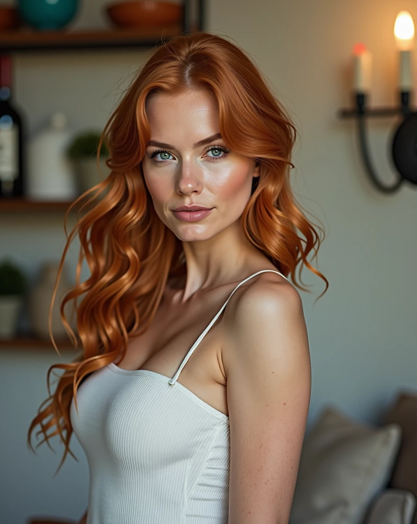 Zofia Nowacka stands confidently in a well-lit studio, her bright red hair cascading down her back like a fiery waterfall. Her porcelain skin glows under softbox lighting, highlighting the subtle blush on her cheeks. Her eyes, not described, seem to sparkle with an inner warmth as she poses, her defined arms and abdominal muscles visible beneath her fitted clothing. The camera frames her at a slight angle, emphasizing the curves of her inverted triangle figure. The subject's medium-sized lips curve into a gentle smile, inviting the viewer in. A portrait shot frames the subject's oval-shaped face with soft, natural lighting accentuating her features. The camera is positioned slightly above eye level, capturing a profile view of her well-defined jawline and pointed chin. Her medium-height forehead and medium-density eyebrows guide attention to her striking blue eyes, almond-shaped and measuring 3 cm by 1.2 cm. Long eyelashes add depth, while the overall composition evokes a sense of serenity.