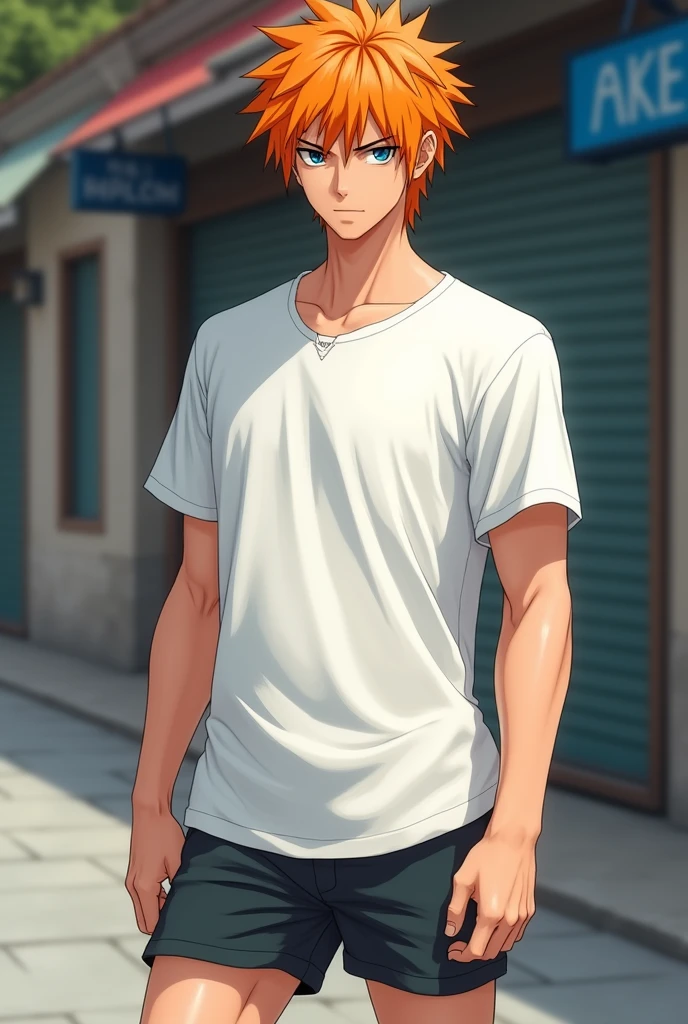 ichigo kurosaki outfits casual white t-shirt with bottomless short shorts