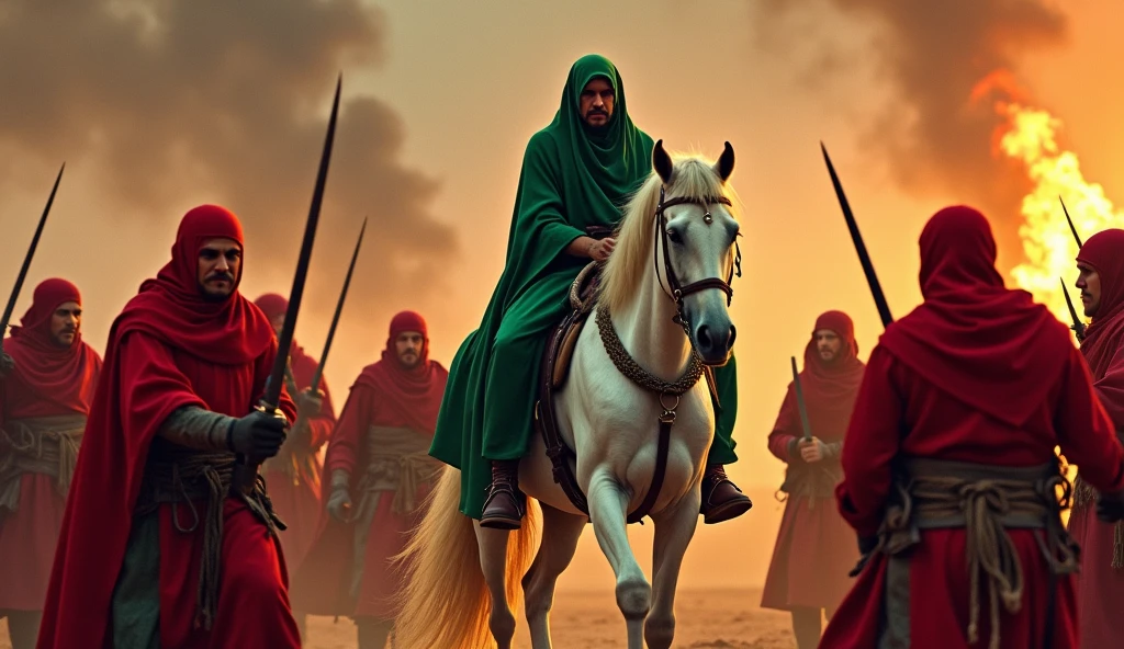 A men wear green hijab sitting white horse,
both hand are tied by iron rope from hip side,
Neck are tied by iron rope,
Burning tents,
Burning date tress,
8 men wear red battle suit with sword,
No modern weopan,weaopan around bc,
Bloody sky