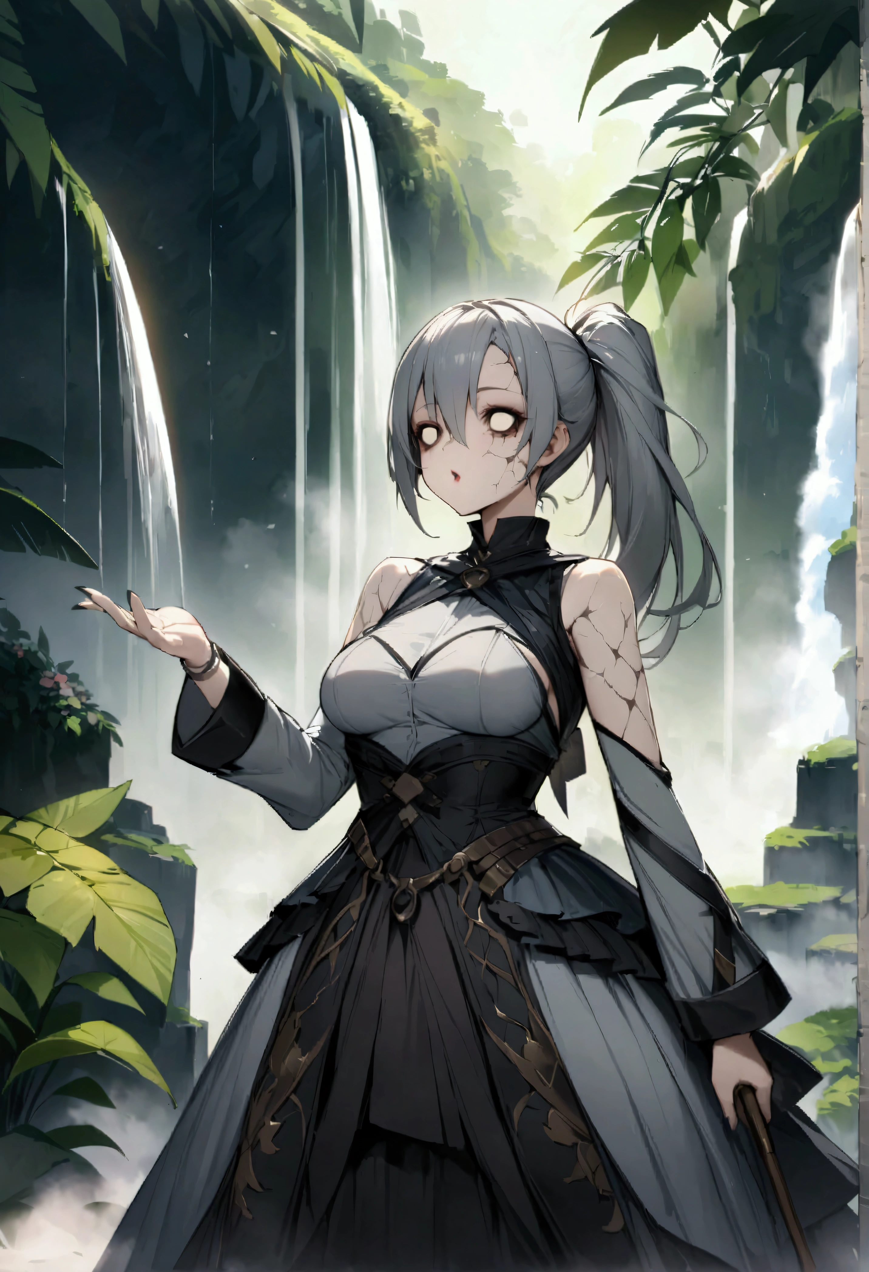 score_9、score_8_up、score_8、Female character concept、Amazing artwork、Highest quality、High resolution、Sleek ponytail hair、The color is Jinwaridite、Blowing a kiss、Frowning、Jungle Waterfall、pokemon lusamine、fog、solo、Radagon、Shine、Money、hammer、Hollow Eyes、Cracked skin、Gray skin、