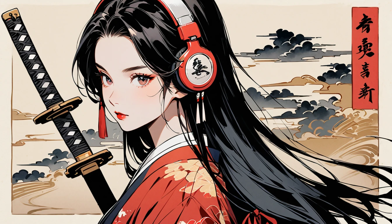Ink Painting, (((1 girl))), (((samurai))), (((Japanese sword))), Japanese style headphones, beautiful girl, Black Hair, Delicate and precise, Modern ukiyo-e style, vivid color