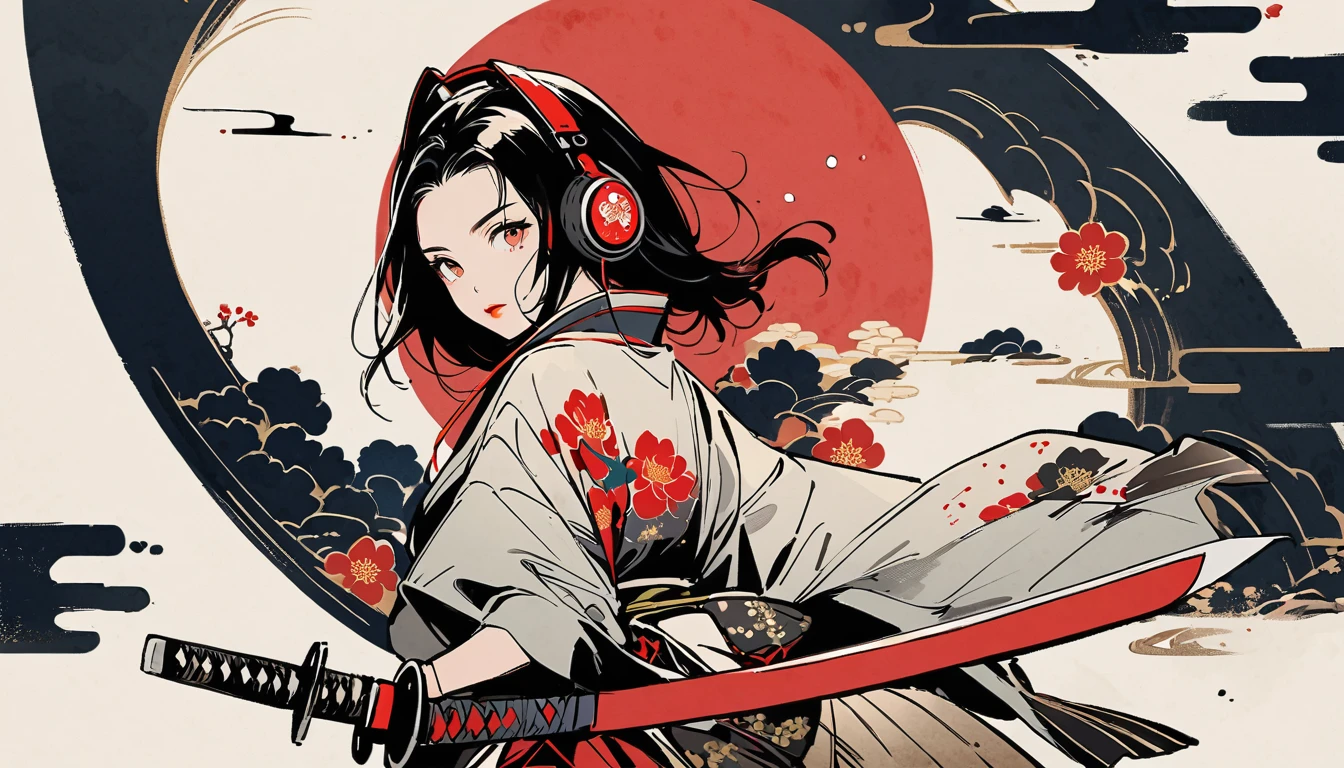 Ink Painting, (((1 girl))), (((samurai))), (((Japanese sword))), Japanese style headphones, beautiful girl, Black Hair, Delicate and precise, Modern ukiyo-e style, vivid color