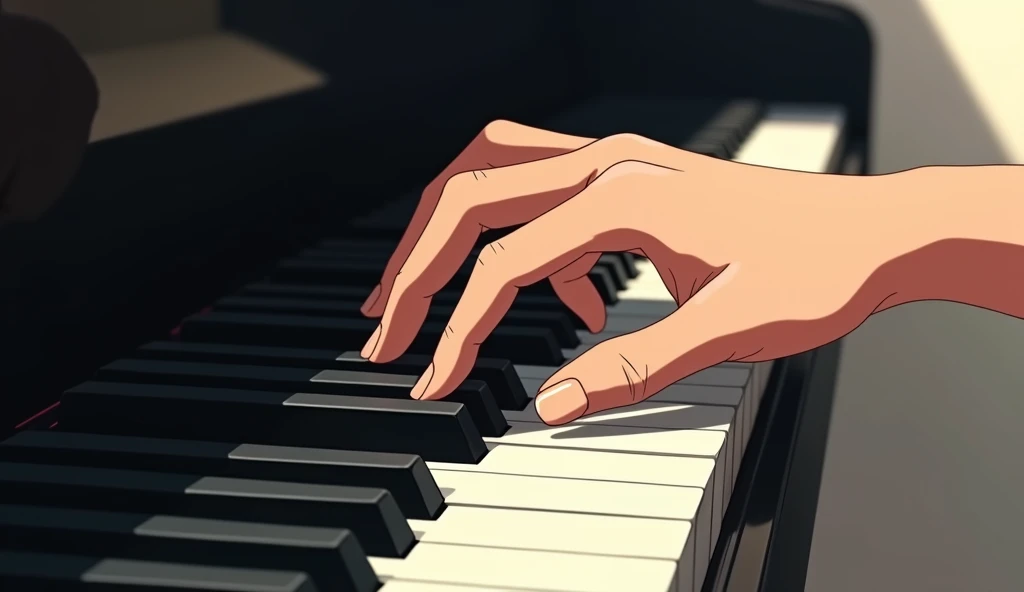 Anime hands playing piano, the hands don't have much detail and the hands take up the whole screen, one hand