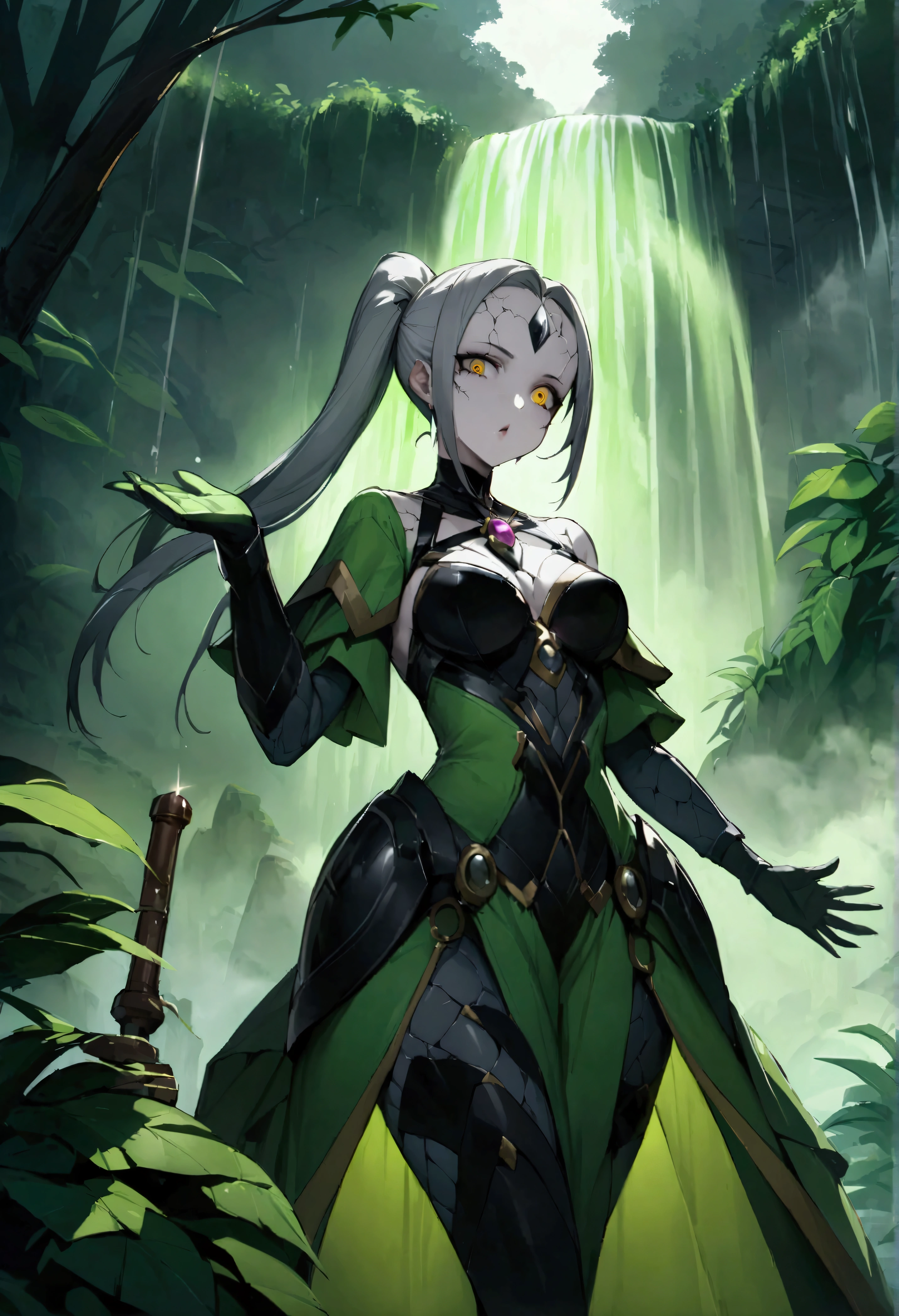 score_9、score_8_up、score_8、Female character concept、Amazing artwork、Highest quality、High resolution、Sleek ponytail hair、The color is Jinwaridite、Blowing a kiss、Frowning、Jungle Waterfall、pokemon lusamine、fog、solo、Radagon、Shine、Money、hammer、Hollow Eyes、Cracked skin、Gray skin、