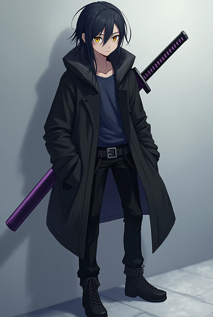An anime-style male character with an old face, long, short hair covering the left side of his eye a little and with a slightly large ponytail., with big yellow eyes, with black cold weather blouse with dark blue shirt, black pants and black men's boots, with black gloves, and with 1 purple sheathed Katana on the back.