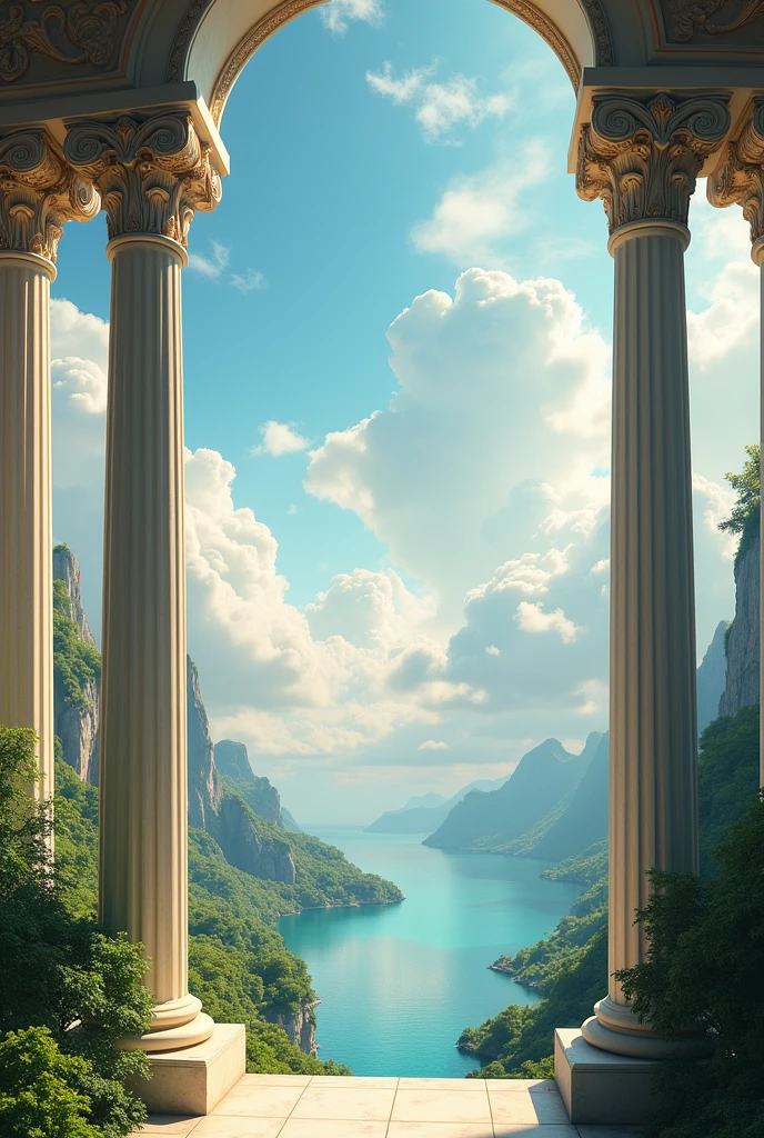Mansion in heaven with view of clouds and lake with some greenery from hall of mansion and some pillars of mansion in the view the view should be divided in three different Photos and there should be pillars in all photos