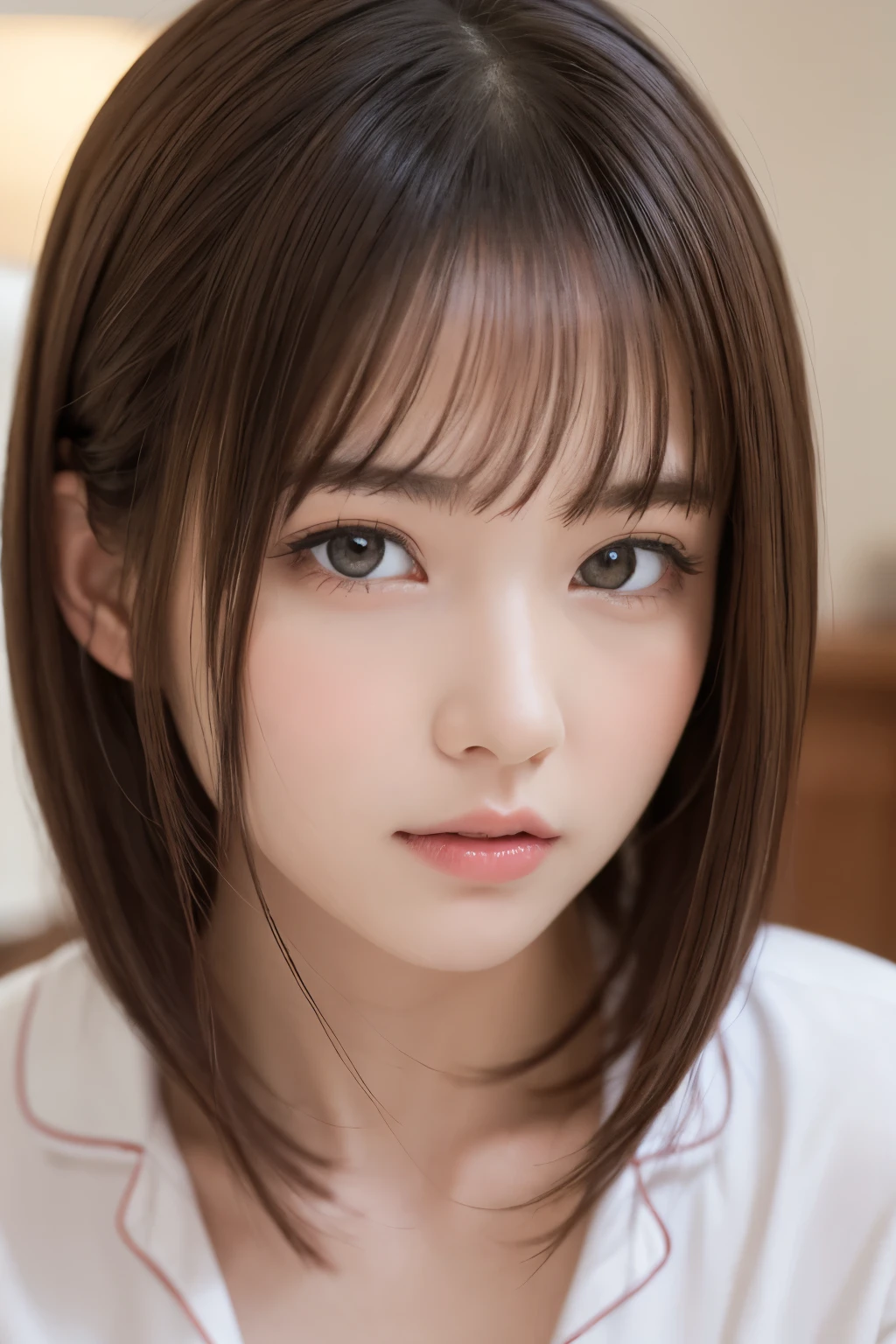 (close up:1.3), one girl, (a beauty girl, delicate girl:1.3), (:1.3),
break, (pajamas, white pajamas:1.2),
break, very fine eye definition, (symmetrical eyes:1.3),
break, (bedroom:1.3),
break, small breasts, brown eyes, parted bangs, brown hair, girl,
break, (eyes and faces with detailed:1.0),
break, (masterpiece, best quality, ultra detailed, detailed face, 8k)