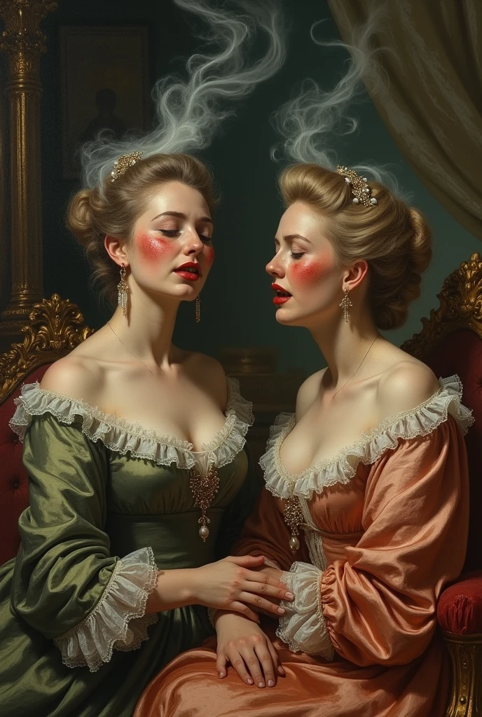 Over time, using this makeup led to severe poisoning ( create an image where women from the 18th century are getting poisoned due to the lead makeup . Highlight the. Posion )