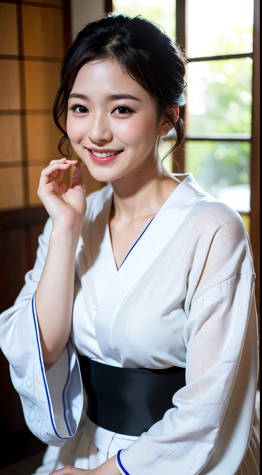 Obedient Wife、3、Height: 156cm, A little chubby、Japan in yukata、Yukata in a Japanese Inn、Shoulder out、clavicle、Japanese Model, Short Layered Hair、Laughter、smile、Of Japanese, Bathrobes、Neat and clean Japan woman, Japanese Goddess, Innocence、RAW Photos, (In 8K、Highest quality、masterpiece:1.2)、(Intricate details:1.4)、(Photorealistic:1.4)、Octane Rendering、Complex 3D rendering with ultra-detail, Studio Soft Light, Rim Light, Vivid details, Super Detail, Realistic skin texture, Detailed aspect, Beautiful details in the eyes, Highly detailed CG Unity 16k wallpaper, compensate, (Detailed Background:1.2), Shiny skin、