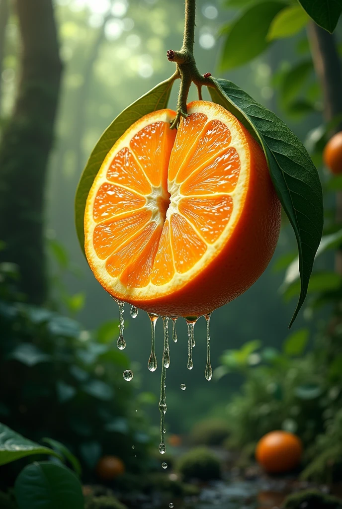 ORANGE split in the forest, dripping drops of water 
(4k hd)