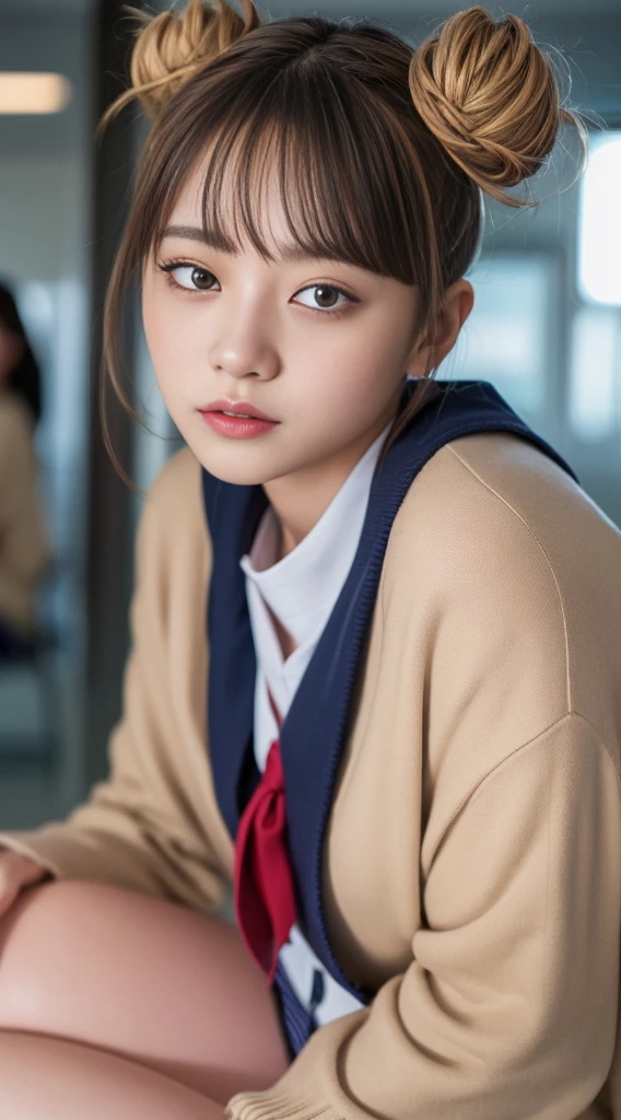(bionde、himiko toga、White uniform shirt、Navy blue uniform skirt、cardigan、Red scarf、Dark eyeshadow、Patsun、Twin tails、Bunhead、Thin eyebrows、Black socks、Black Loafers))、Browsing Caution、masterpiece、最high quality、high quality、growing up、Beautiful poop、High resolution、Very High resolution、RAW Photos、Best illustrations、hyper Realistic、1 girl、Realistic、Very detailed、Photorealistic、Unbelievably absurd、close、Floating Hair、Soft Light、Cinema Lighting、Film Grain、Whole Body Ezbian、Written boundary depth、Blurred Background、bokeh:1.4、Eye focus、85mm lens、Professional Lighting、Lens flare、Luminous Particles:0.6、Professional Writing、Portraiture:0.6、Photon Mapping、Radio City、Physically Based Rendering、Japanese Girls、sexual excitement:1.5、A vivid face、Realistic body、Realistic Skin、Huge breasts:1.3、Good style、Camel Toe、Pale skin:1.1、cute:1.5