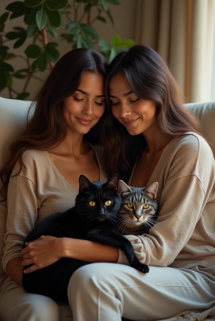 Pixar. Casal sentado no parque fazendo picnic com 2 gatos e 1 cachorro.The cat on the woman's lap is a grey-haired kitten with blue eyes and is wearing a blue collar, uma cachorra boxer branca com mancha nos olhos preto, coleira rosa esta sentada no lado do casal, e uma gata escaminha, com coleira roxa esta deitada. A menina tem os cabelos castanho escuro curto no ombro, Camiseta cinza e jeans claro.O menino de cabelos pretos com curto, barba pequena, Dark blue jeans and gray t-shirt. They are both smiling and are 30 years old