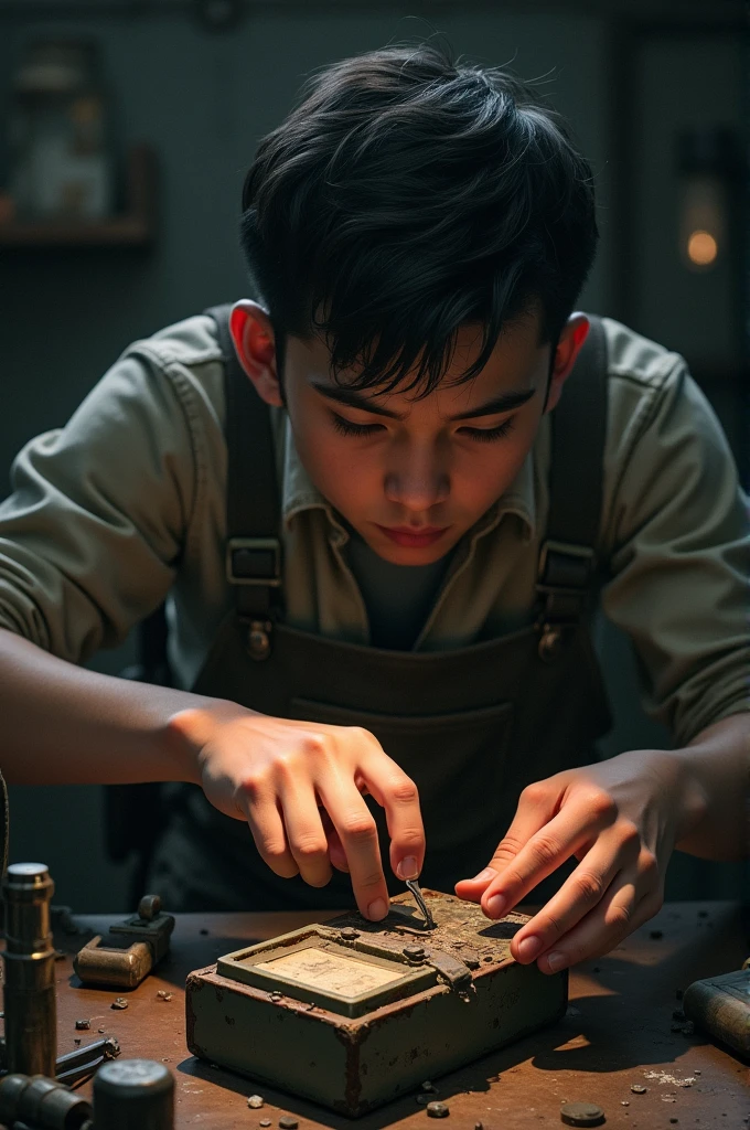 A young man repairing the coin box 