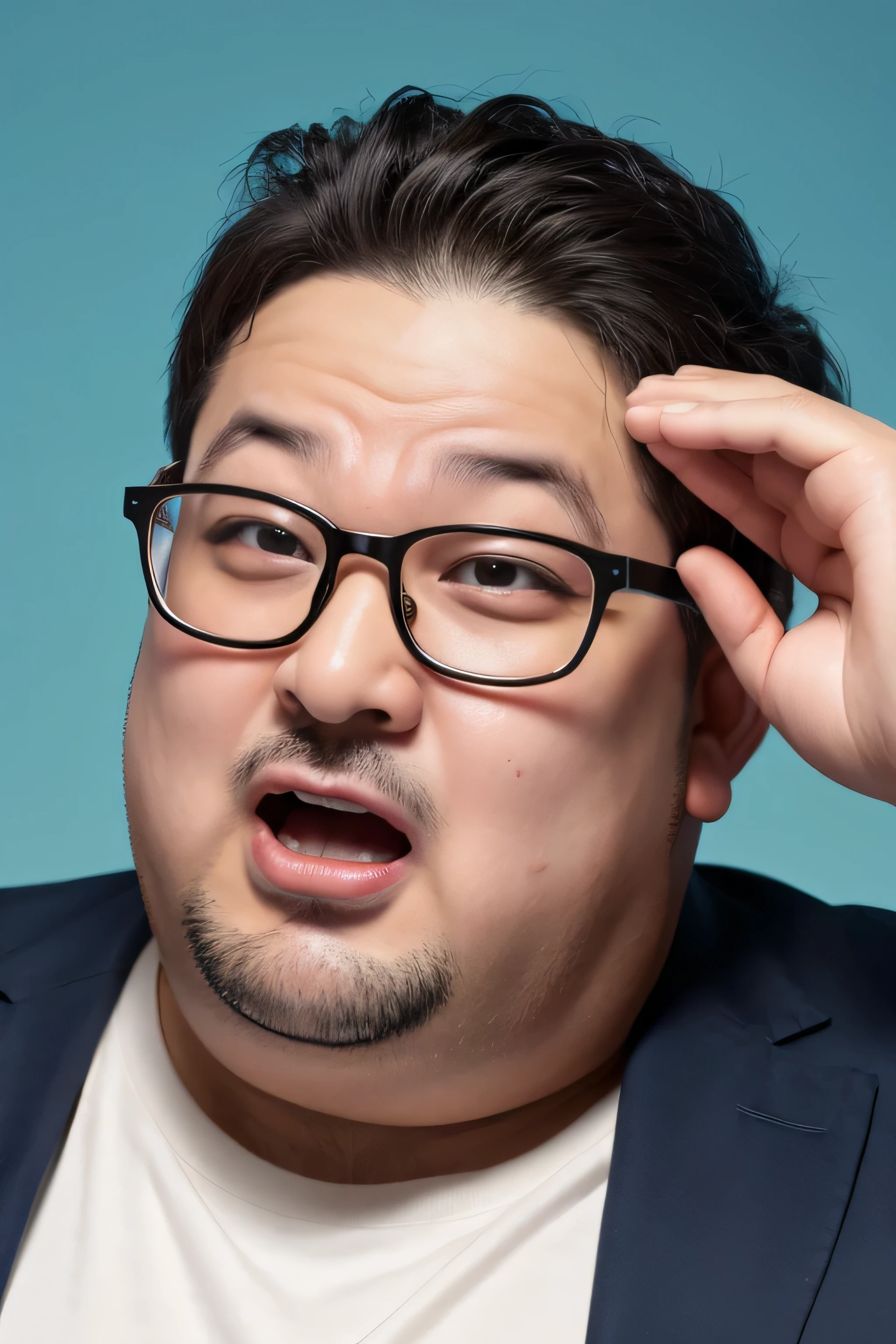 Fat man with glasses,face,shout,Sweaty