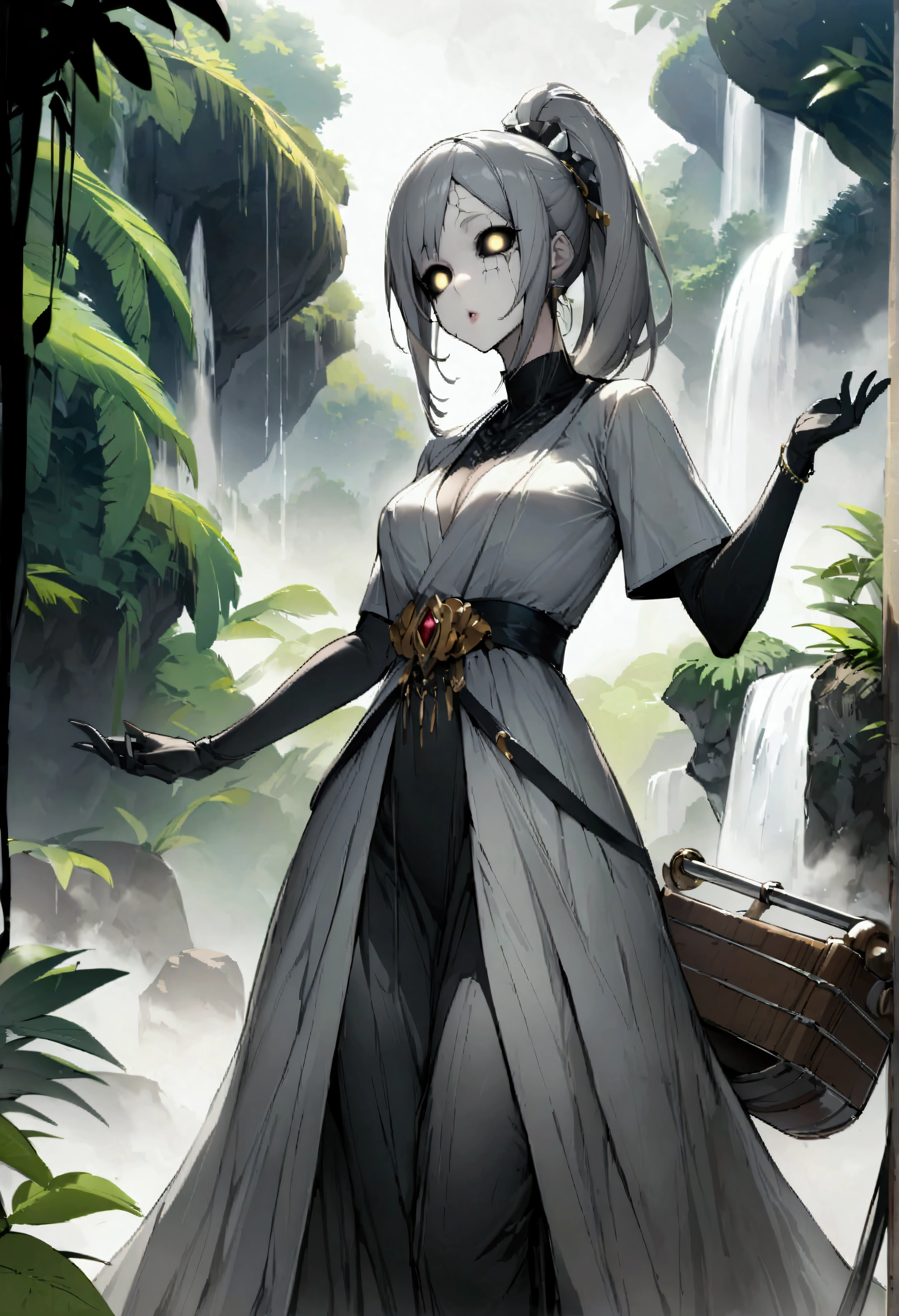 score_9、score_8_up、score_8、Female character concept、Amazing artwork、Highest quality、High resolution、Sleek ponytail hair、The color is Jinwaridite、Blowing a kiss、Frowning、Jungle Waterfall、pokemon lusamine、fog、solo、Radagon、Shine、Money、hammer、Hollow Eyes、Cracked skin、Gray skin、