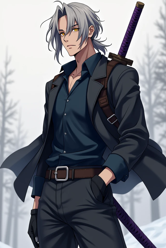 An anime-style male character with an old face, short long hair covering the left side of his eye a little and a slightly large ponytail., with big yellow eyes, with black cold weather blouse with dark blue shirt, black pants and black men&#39;s boots, with black gloves, and with 1 purple sheathed Katana on the back.