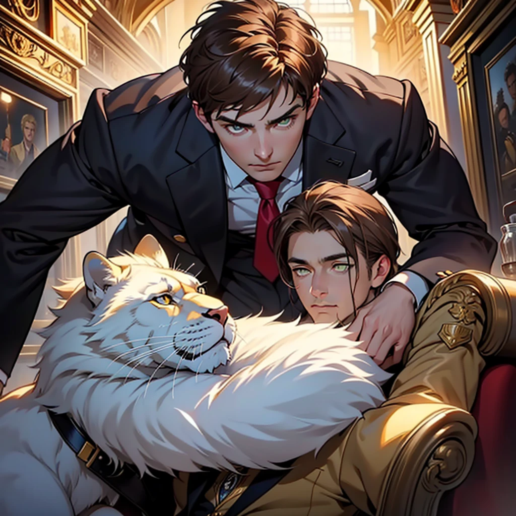 A modern reincarnation of Constantine the Great。masterpiece, Highest quality, Realistic, 1 person, Mature Men,Successful businessman。A quiet and attractive young man, , Serious expression, Mouth closed,, Highly detailed face, Calm expression。Kind and sincere。Cold-hearted。Bright and sharp eyes、eyes like a lion。 ((deep golden eyes)), ((Short, fluffy, dark brown hair)), [Thick eyebrows], ((suit)), Pompidou々。Aura of rulers, whole body,Background of Constantine in Algeria。Spectacular views。