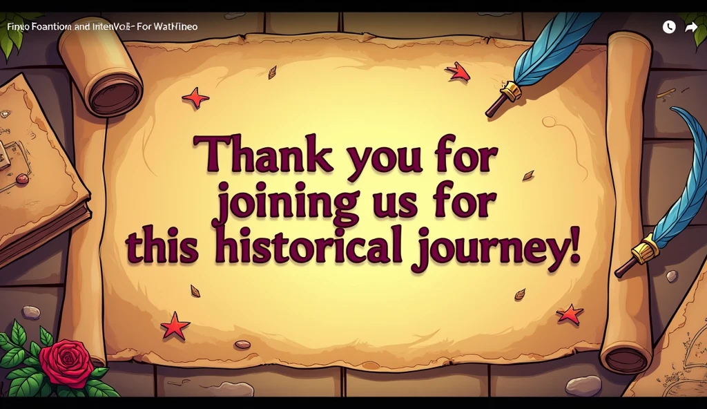 Here’s an image prompt for the closing message:
"A vibrant and engaging comic-style end screen for a YouTube video. The screen features a historical theme, with subtle elements like ancient scrolls, quills, and faded maps as the background. In the center, a friendly and inviting message reads: 'Thank you for joining us on this historical journey!' Below it, in bold and eye-catching text, is the call to action: 'If you found this story intriguing, don’t forget to like, share, and subscribe to WAJ TV for more historical insights and tales from the past. Until next time!' The colors are warm and inviting, with a mix of gold, parchment, and rich browns, giving it an ancient yet approachable feel. Icons for liking, sharing, and subscribing are clearly visible, encouraging viewer interaction."