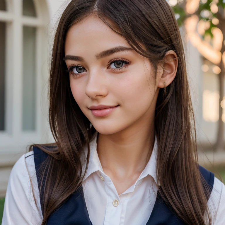 1girl,((school uniform)),blush,light smile,sitting,outdoors,beautiful detailed eyes,beautiful detailed lips,extremely detailed face and skin,long eyelashes,intricate details,soft lighting,warm color tones,cinematic composition,photorealistic,high quality,masterpiece