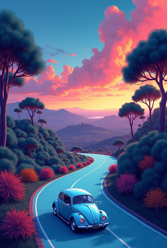 (illustration) 2D, The psychedelic illustration is captured from a high vantage point, showcasing a beautiful vertical landscape with psychedelic vibrant and intense colors. The road that winds up the psychedelic fantasy forest with big colorfull trees and then gracefully disappears into the horizon, cutting through wide open fields. The psychedelic evening sky above is a captivating mix of strong blue, orange, red, pink, with no clouds. On the road's surface, there's barely any sign of movement, adding to the serene and natural beauty of the landscape. The light blue classic VW Beetle stands in front view out against the quietness of the surroundings, creating a focal point in the scene. Its contours and details are clearly drawn, emphasizing its modern and comfortable design. The background is a psychedelic mix of green, red, orange and purple hills, with blue and psychedelic tones, creating a fantasy atmosphere. The road's surface has a light blue texture, adding to the overall aesthetic quality of the image.