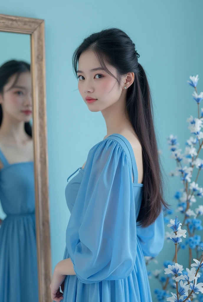 a close up of a asian girl in a blue dress standing in front of a mirror, trending on cgstation, duy beni serial, dang my linh, banner, with a thin waist, trending at cgstation, banner, flower garden behind models, blue flowers, light blue background, beautiful girls, realistic style