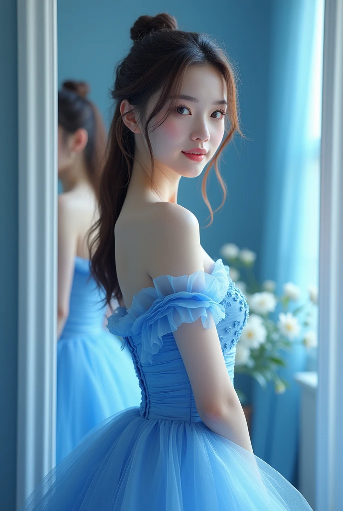 a close up of a asian girl in a blue dress standing in front of a mirror, trending on cgstation, duy beni serial, dang my linh, banner, with a thin waist, trending at cgstation, banner, flower garden behind models, blue flowers, light blue background, beautiful girls, realistic style