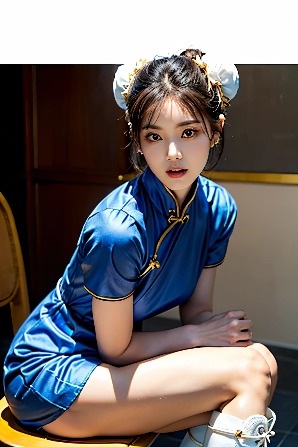 (Chun-Li from Street Fight II:1.2,perfect chun li costume:1.2,Blue cheongsam with gold lines:1.2,Bun head:1.2,bun cover:1.2,sexy pose:1.2,masterpiece:1.2、1 beautiful girl:1.2、fine eyes:1.2、puffy eyes:1.2、highest quality:1.2, 超High resolution:1.2, (reality: 1.4), movie lighting:1.2、Japanese:1.2、asian beauty:1.2、Korean:1.2、super beautiful:1.2、beautiful skin:1.2、body facing forward:1.2、(Full body:1.2,sitting:1.2,chair:1.2,legs togehter:1.2)、(超reality的な:1.2)、(High resolution:1.2)、(8k:1.2)、(very detailed:1.2)、(美しくfine eyes:1.2)、(Super detailed:1.2)、 (simple background:1.2)、detailed face:1.2、bright lighting:1.2、professional lighting:1.2、looking at the viewer:1.2、look straight ahead:1.2、slanted bangs:1.2、Nogizaka Idol:1.2、korean idol:1.2、masterpiece:1.2, highest quality:1.2, masterpiece:1.2, highest quality:1.2, perfect face:1.2, perfect brown eyes with white sclera:1.2, bad move-5:1.2, alone:1.2, 1 girl:1.2, brown hair:1.2, From SF2:1.2, Chinese service:1.2, muscular woman:1.2, blue clothes:1.2, pantyhose:1.2, pelvic curtain:1.2, Puffy short sleeves:1.2, Good cover:1.2, sash:1.2,beautiful calves:1.2,white boots:1.2),