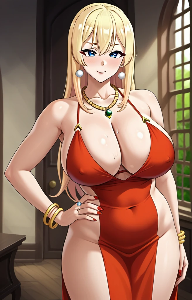 Darkness lalatina,konosuba,Big breast,Plump,Curvy figure,blue eyes,Golden bracelet,Half open eyes,((multi-strand necklace)),Big pearl earring,Mature,Cleavage,diamond Wedding ring,Enchanced breast,Cross hairpin,Corrupted noble,red color long nail,Blonde,Majestic mansion,1hand on hips,No bang hair,Noble rings,modern anime quality,Tight thights,Konosuba anime artstyle,Swaying hips,Bob hair,light Eyeshadow,cream Lipstic,horny expression,Enchanched ass,Unnatural big breast,Detailed face,noblesse dress