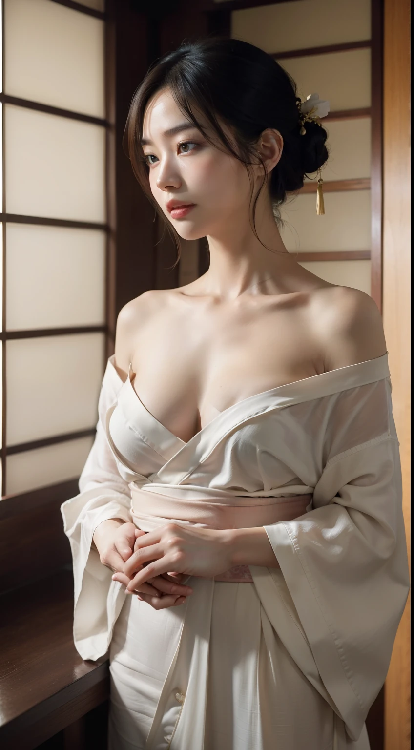 Seductive beautiful mature woman、40 years、height 154cm、Well-proportioned body type、Hourglass illustration、Japan in yukata、Yukata in a Japanese Inn、Shoulder out、clavicle、Japanese Model、Sensual Japanese Woman, Gorgeous Japanese Women, Japanese Goddess, Laughter、RAW Photos, (In 8K、Highest quality、masterpiece:1.2)、(Intricate details:1.4)、(Photorealistic:1.4)、Octane Rendering、Complex 3D rendering with ultra-detail, Studio Lighting, Rim Light, Vivid details, Super Detail, Realistic skin texture, Detailed aspect, Beautiful details in the eyes, Highly detailed CG Unity 16k wallpaper, Makeup, (Detailed Background:1.2), Shiny skin、