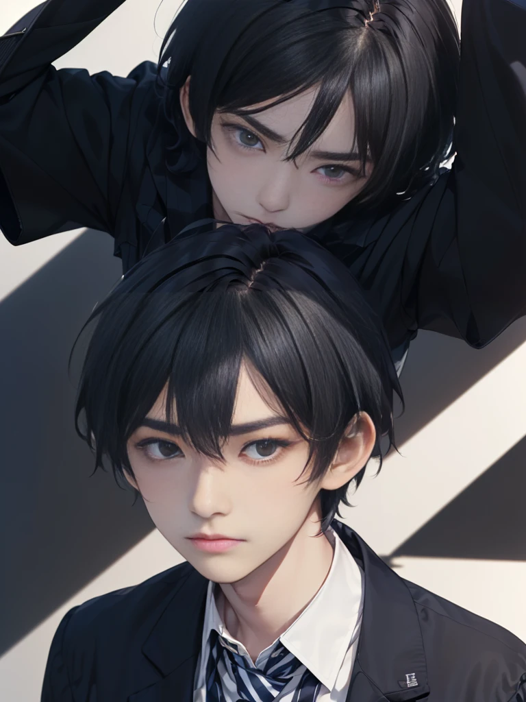 Masterpiece,best quality,独奏, 1 Japanese boy, 20 years old,(tall and thin,sleepy droopy eyes, long face, (thin cheeks:1.2),(black shaggy short hair:1.4),(Black tailored jacket, white shirt, navy blue striped tie:1.3),(Close-up of serious face:1.3),(Background is a university campus:1.5),looking at the camera