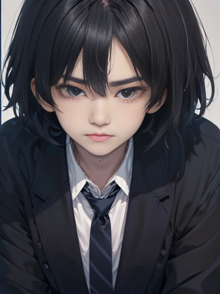 Masterpiece,best quality,独奏, 1 Japanese boy, 20 years old,(tall and thin,sleepy droopy eyes, long face, (thin cheeks:1.2),(black shaggy short hair:1.4),(Black tailored jacket, white shirt, navy blue striped tie:1.3),(Close-up of serious face:1.3),(Background is a university campus:1.5),looking at the camera