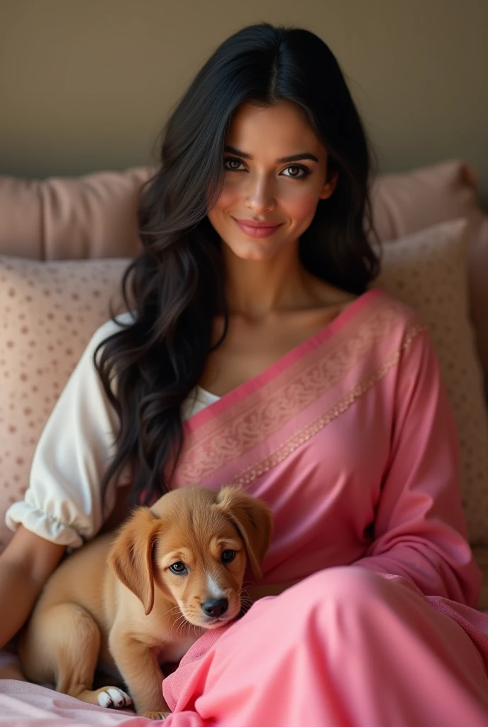Mia khalifa face kartina kaif lips deepika height sai pallavi hair wearing pink saree and white blouse watching tv small puppy on bead