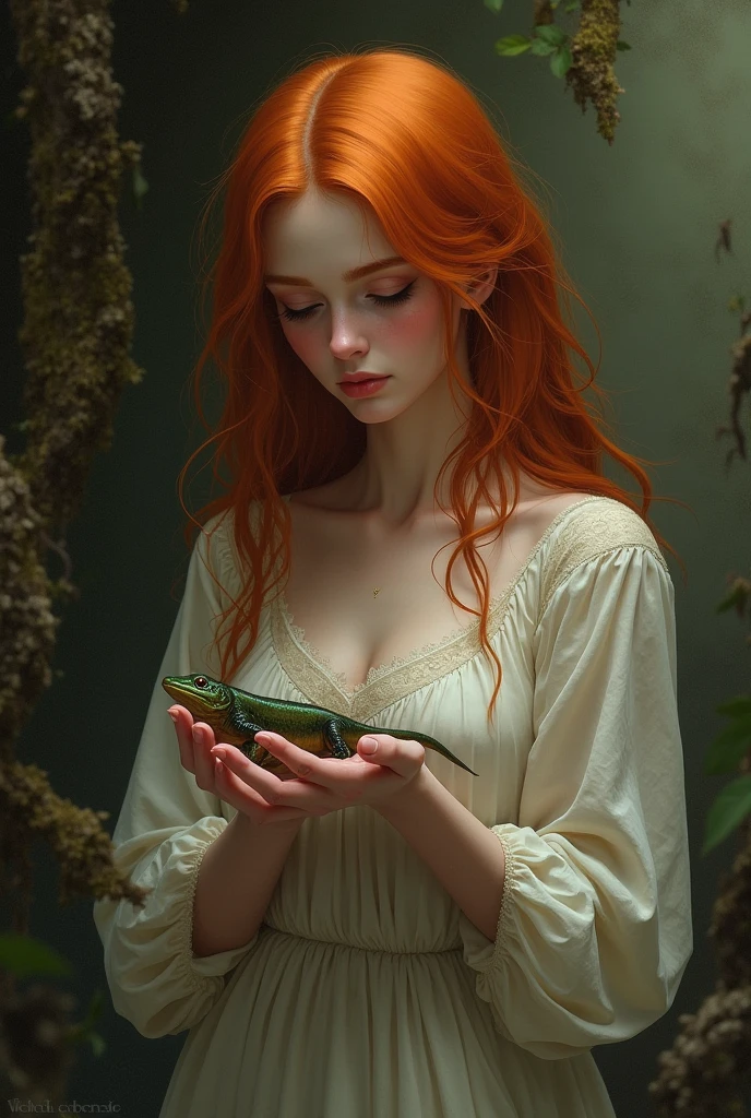 redheaded woman holding a harmless salamander,rot,Actual image