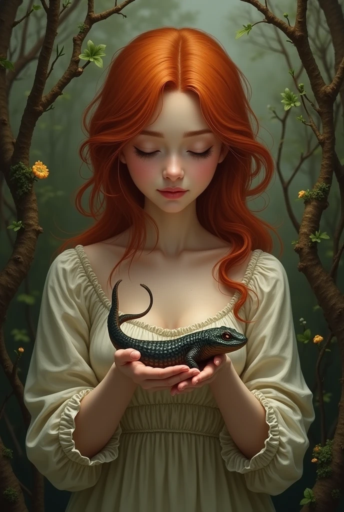 redheaded woman holding a harmless salamander,rot,Actual image 