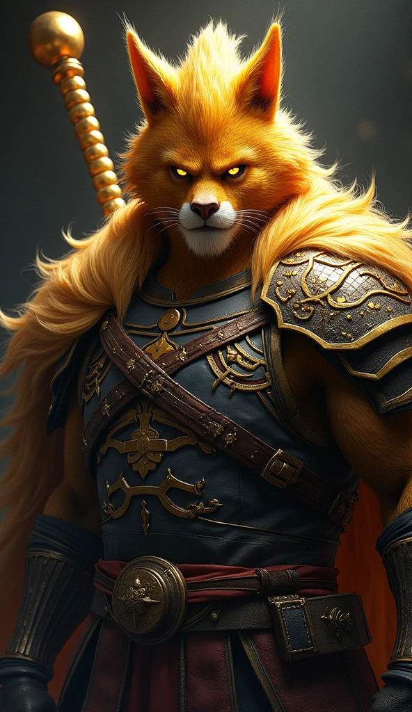 A close-up of Sun Wukong from "Black Myth: Wukong," standing in a heroic pose, looking directly at the viewer with a focused, intense expression. His golden fur and sharp features are highlighted by a dramatic light that casts shadows across his face. He is adorned in intricate, battle-worn armor, with his golden staff resting against his shoulder. The background is a simple, dark gradient, ensuring all attention is on his powerful and commanding presence.