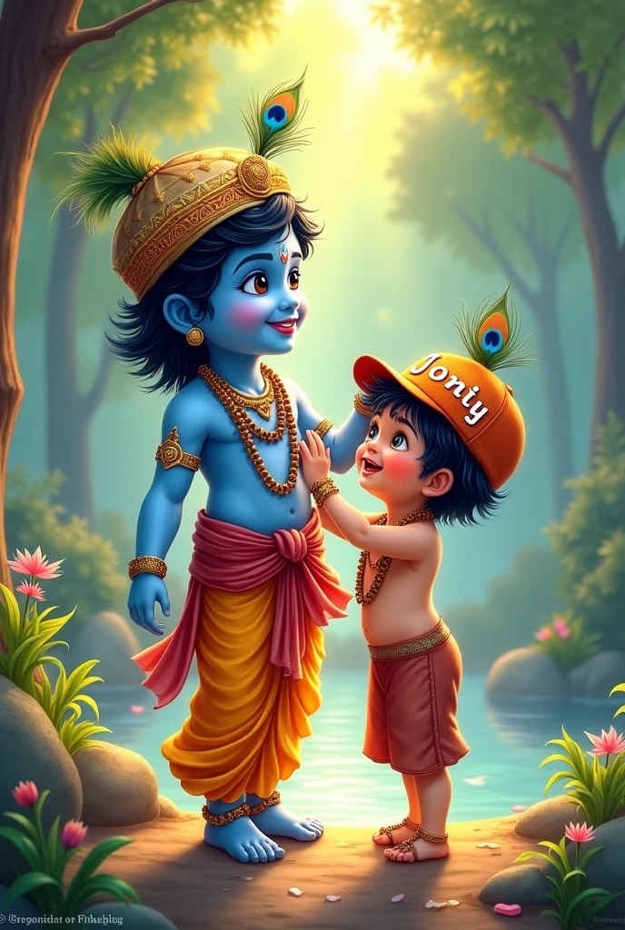 Lord Shri Krishna playing with a boy And it's written jonty on his cap. in 2d art