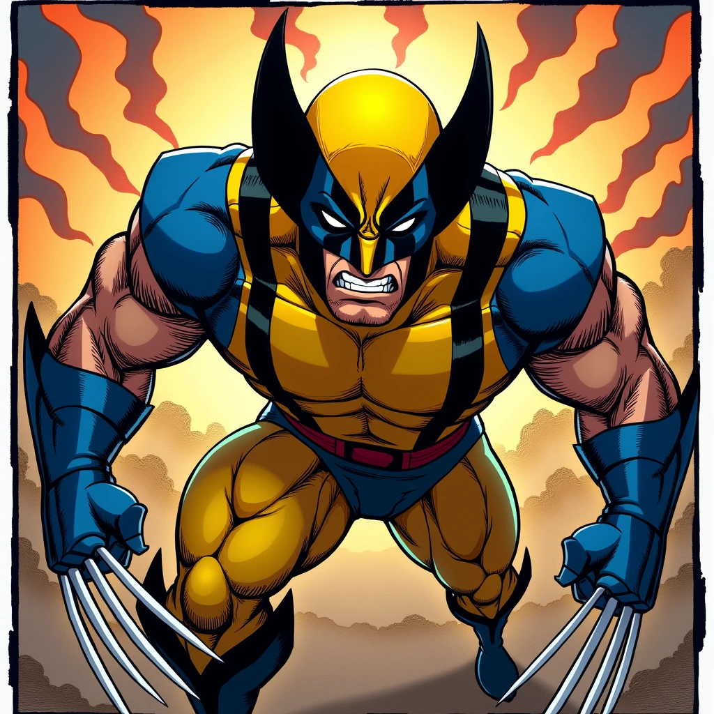 Create a profile picture for Discord. X-Men Wolverine in yellow suit with mask. Epic Fighting Pose. Look past the camera. Wolverine Blades Extended. Moving scene. Holds hands in front of face. High Resolution. Comicstil. With border