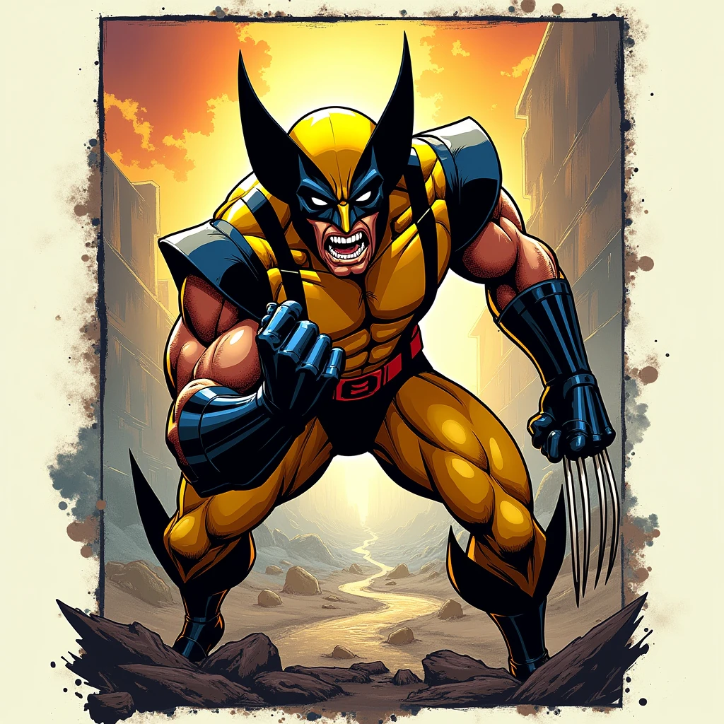Create a profile picture for Discord. X-Men Wolverine in yellow suit with mask. Epic Fighting Pose. Look past the camera. Wolverine Blades Extended. Moving scene. Holds hands in front of face. High Resolution. Comicstil. With border