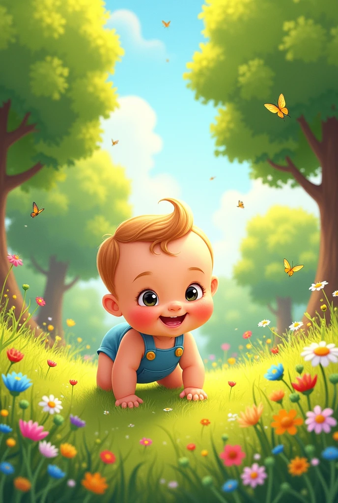 :
"A curious little baby, Emma, crawling through a sunny meadow, surrounded by vibrant flowers and towering trees."

Image prompt: A colorful illustration of Emma crawling, with a big smile on her face, amidst a lush meadow landscape.