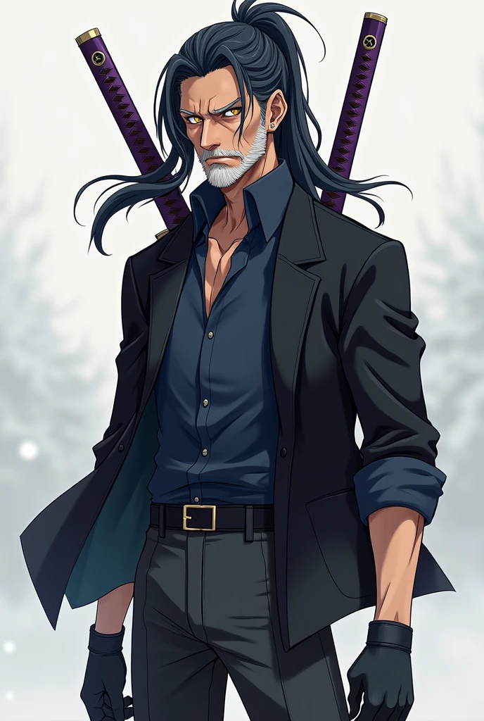 An anime-style male character with an old face, long, short black hair covering the left side of his eye a little, and a slightly large ponytail., with big yellow eyes, with black cold weather blouse with dark blue shirt, black pants and black men's boots, with black gloves, and with 1 purple sheathed Katana on the back.