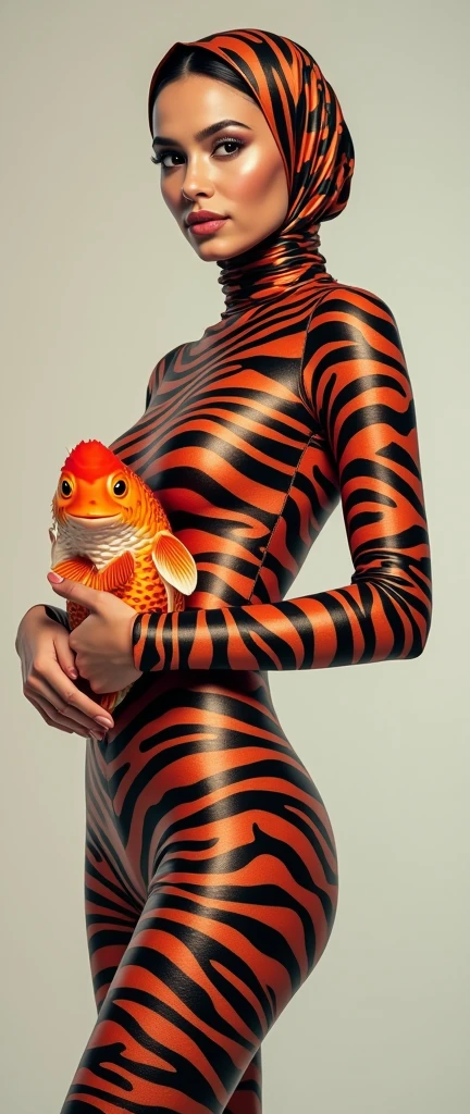 The most beautiful,most slender thin and most clever malaysian muslimah adult feamle person with beautiful cheeks wears tiger print lycra turtleneck unitard catsuit covered with stripes and always wearing tiger print lycra elastane stretchy dancewear hijab covered with stripes.She is hugging a koi fish.