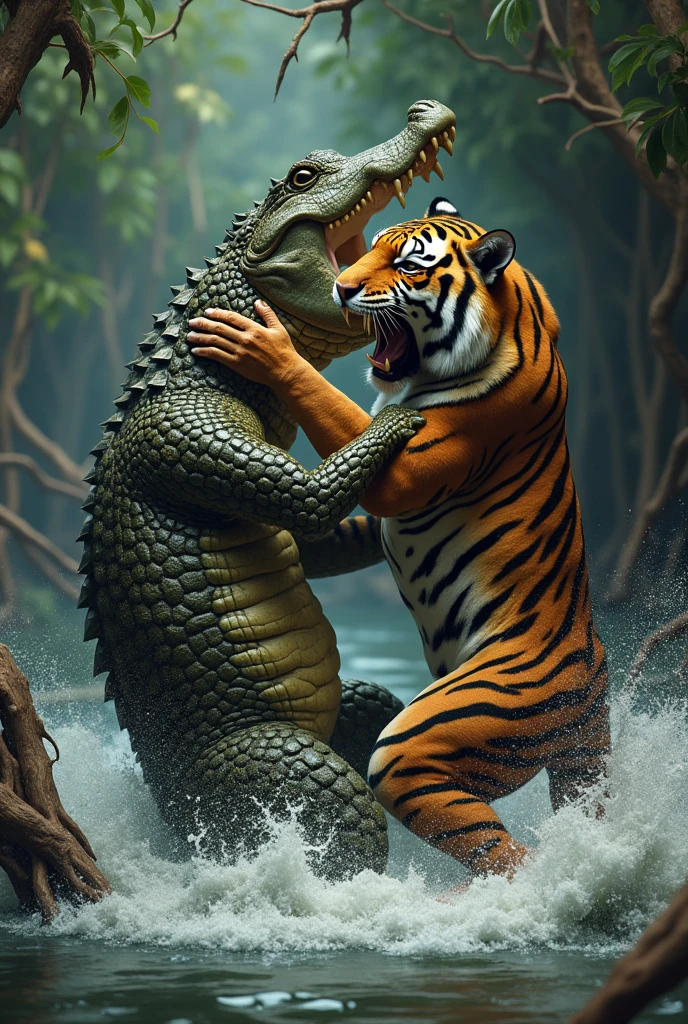 A crocodile eating a tiger、