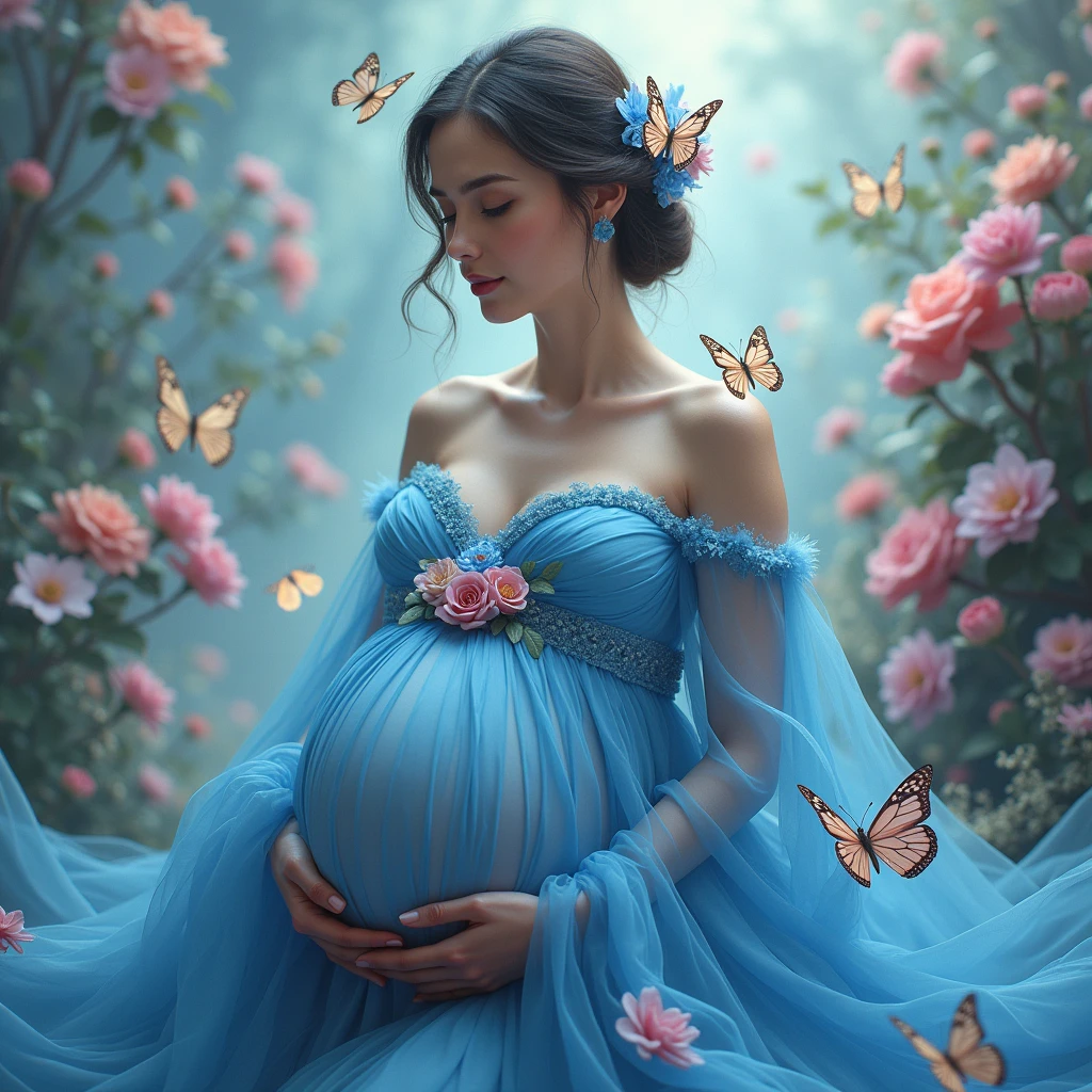 pregnant woman in a blue gown surrounded by flowers and butterflies, an album cover by Willie Ito, shutterstock contest winner, rococo, queen of flowers, official artwork, maternal photography 4 k, cover shot, promo image, flower queen, real photoshoot queen of oceans, with a blue background, portrait of queen of dreams, alternate album cover, promo shot, promo photo