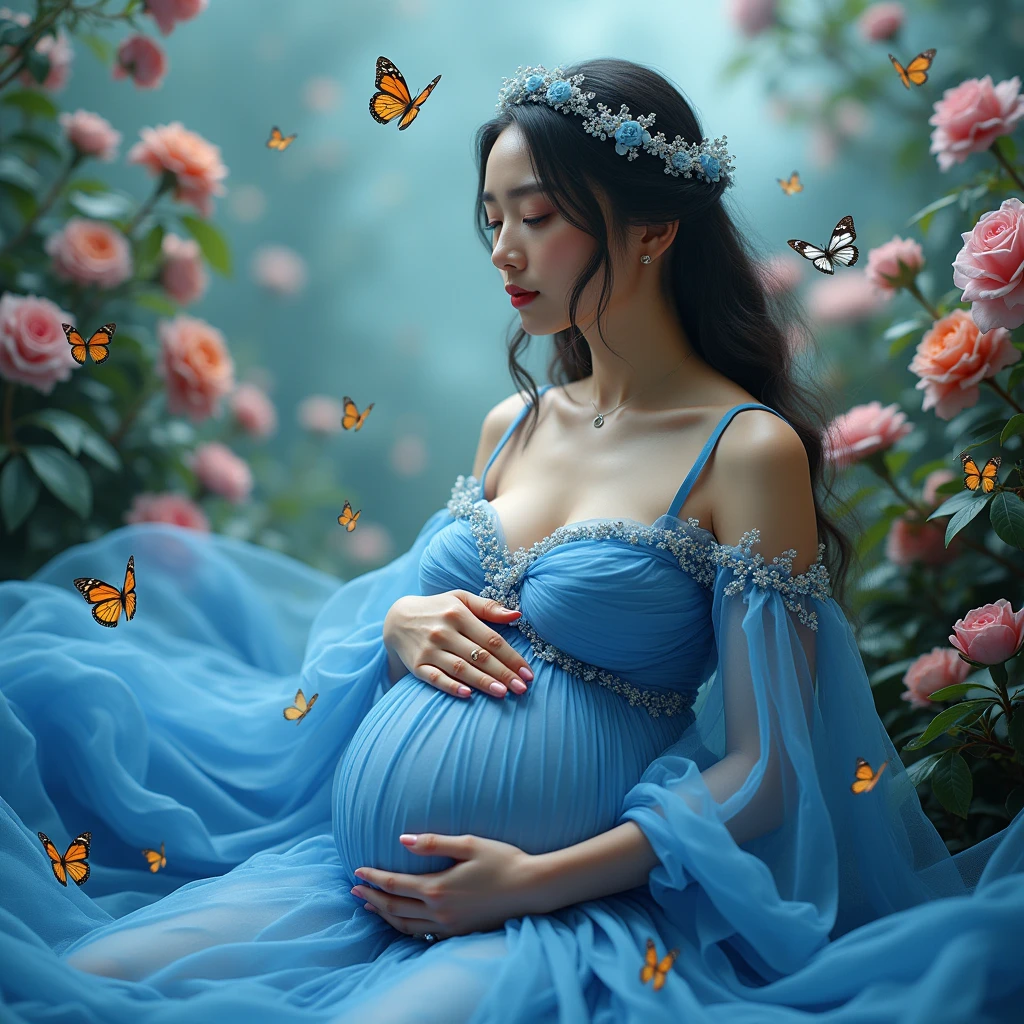 pregnant woman in a blue gown surrounded by flowers and butterflies, an album cover by Willie Ito, shutterstock contest winner, rococo, queen of flowers, official artwork, maternal photography 4 k, cover shot, promo image, flower queen, real photoshoot queen of oceans, with a blue background, portrait of queen of dreams, alternate album cover, promo shot, promo photo