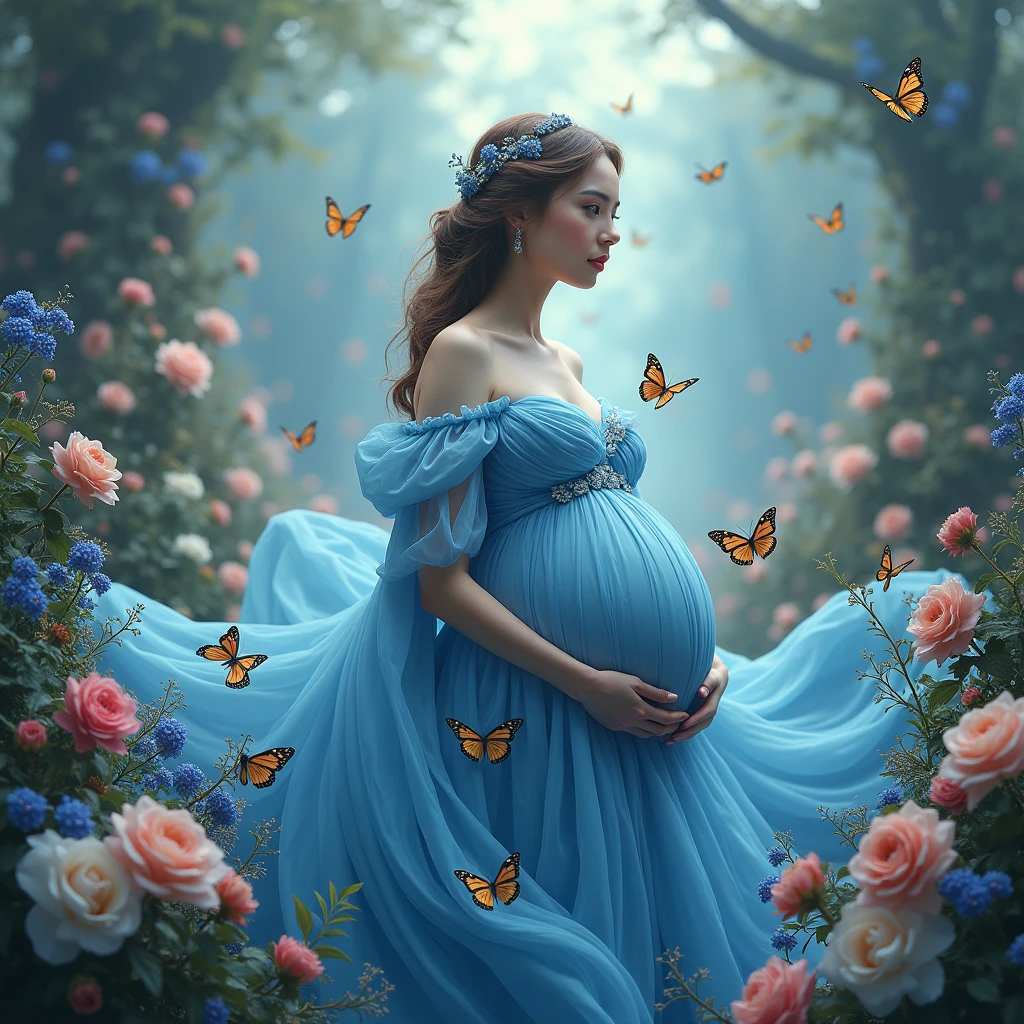 pregnant woman in a blue gown surrounded by flowers and butterflies, an album cover by Willie Ito, shutterstock contest winner, rococo, queen of flowers, official artwork, maternal photography 4 k, cover shot, promo image, flower queen, real photoshoot queen of oceans, with a blue background, portrait of queen of dreams, alternate album cover, promo shot, promo photo
