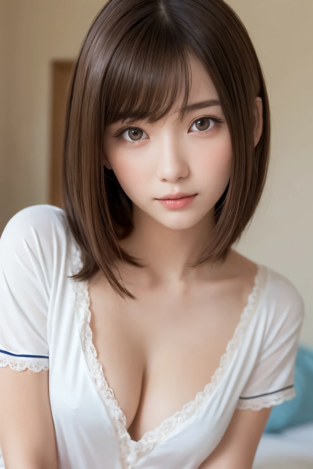 (close up:1.3), one girl, (a beauty girl, delicate girl:1.3), (:1.3),
break, (pajamas, white pajamas:1.2),
break, very fine eye definition, (symmetrical eyes:1.3),
break, (bedroom:1.3), 
break, small breasts, brown eyes, parted bangs, brown hair,  girl,
break, (eyes and faces with detailed:1.0),
break, (masterpiece, best quality, ultra detailed, detailed face, 8k), cleavage