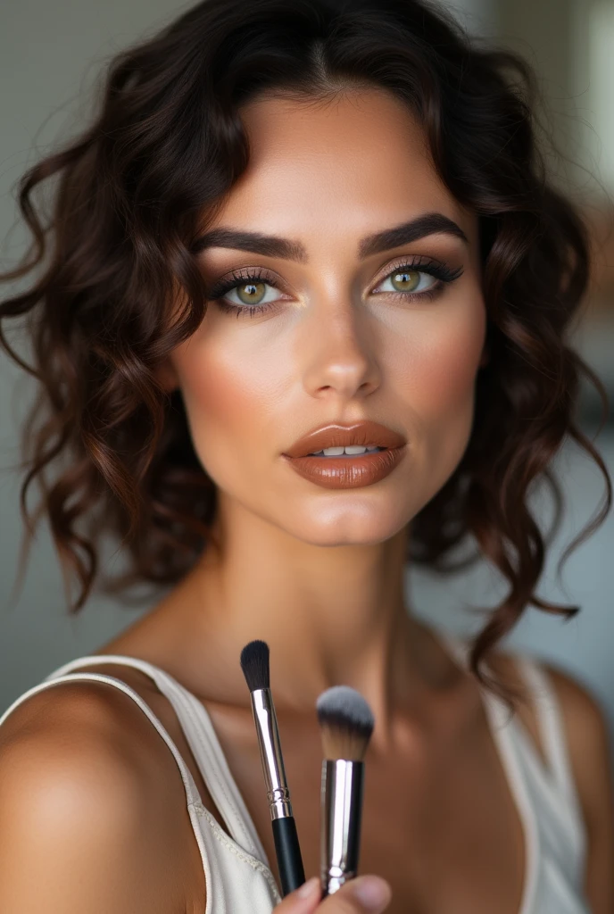 A professional photo of a makeup artist holding brushes,in portrait mode black curly hair with a stern look Slightly strong makeup and very comfortable brown mouth