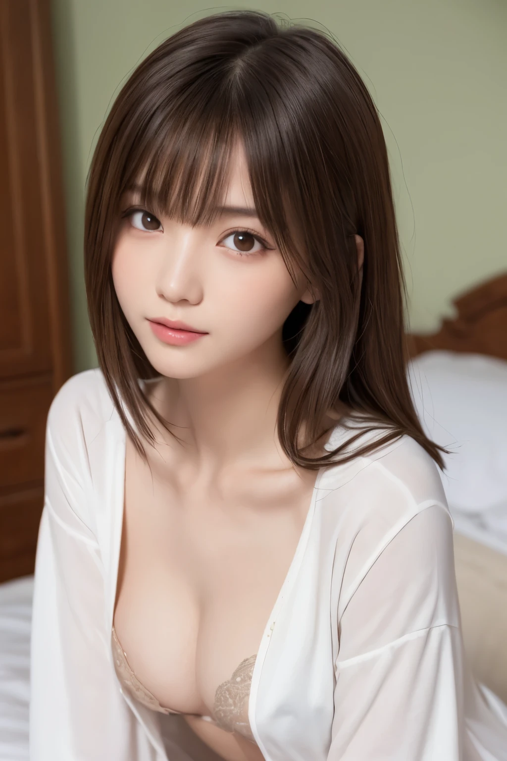 (close up:1.3), one girl, (a beauty girl, delicate girl:1.3), (:1.3),
break, (pajamas, white pajamas:1.2),
break, very fine eye definition, (symmetrical eyes:1.3),
break, (bedroom:1.3), 
break, small breasts, brown eyes, parted bangs, brown hair,  girl,
break, (eyes and faces with detailed:1.0),
break, (masterpiece, best quality, ultra detailed, detailed face, 8k), topless, naked